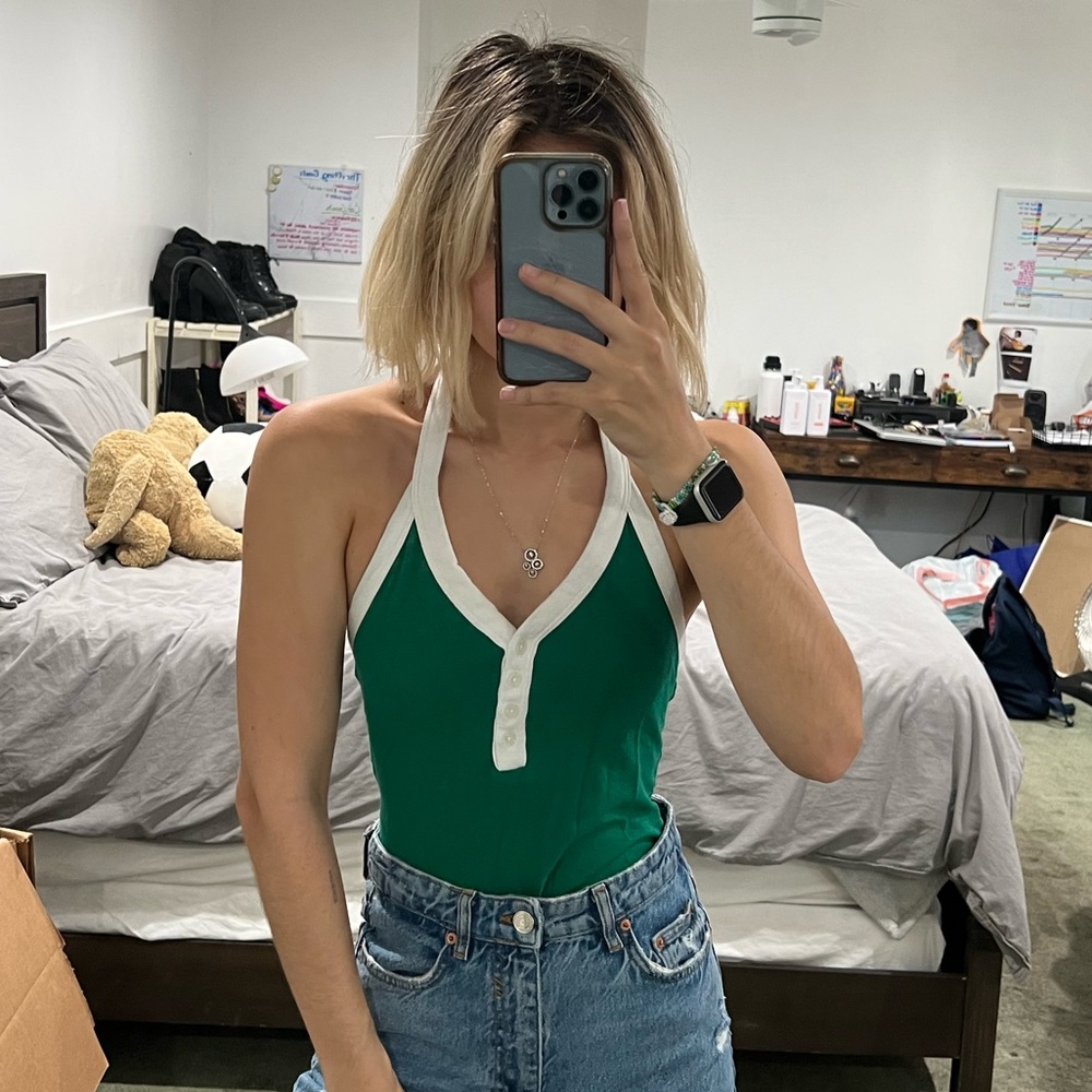 GREEN AND WHITE BUTTON UP HALTER BODYSUIT SZ SMALL